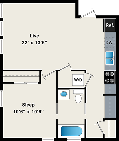 One Bedroom Floor Plan at the Belmont by Reside FLATS